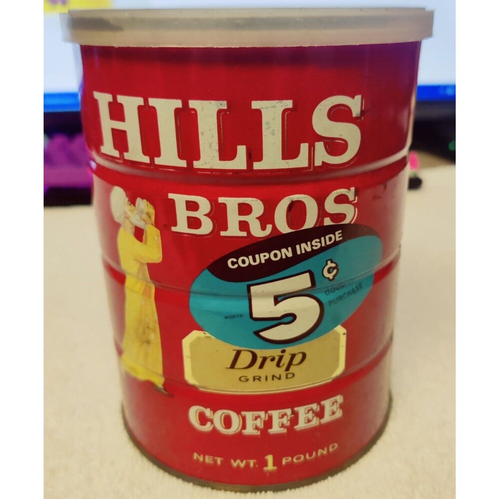 HILLS BROS DRIP GRIND COFFEE CAN TIN 1 LB.  with 5 CENTS OFF, COLLECTORS ITEM